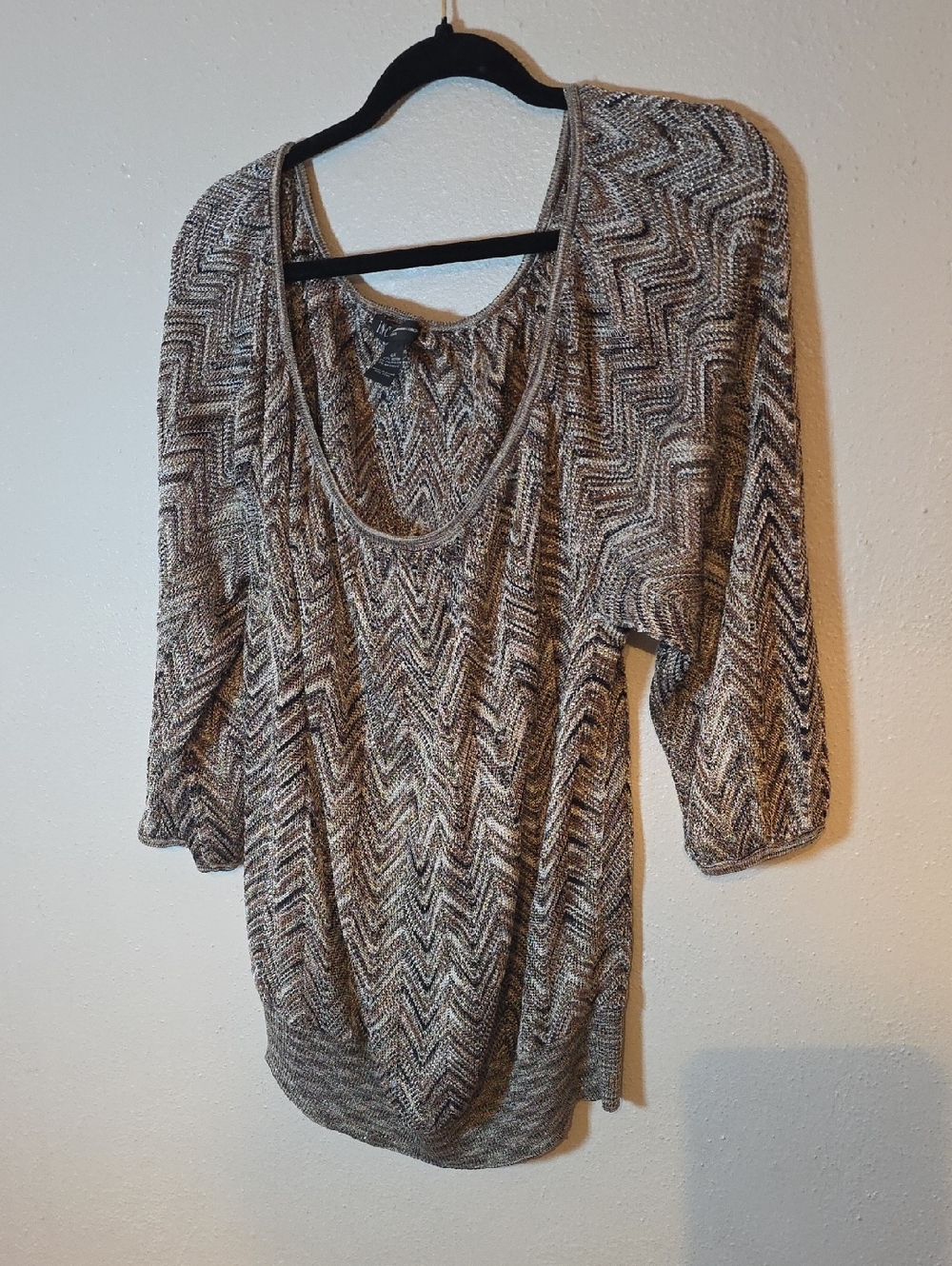 INC International Concepts Metallic Chevron Knit Top in Brown and Cream